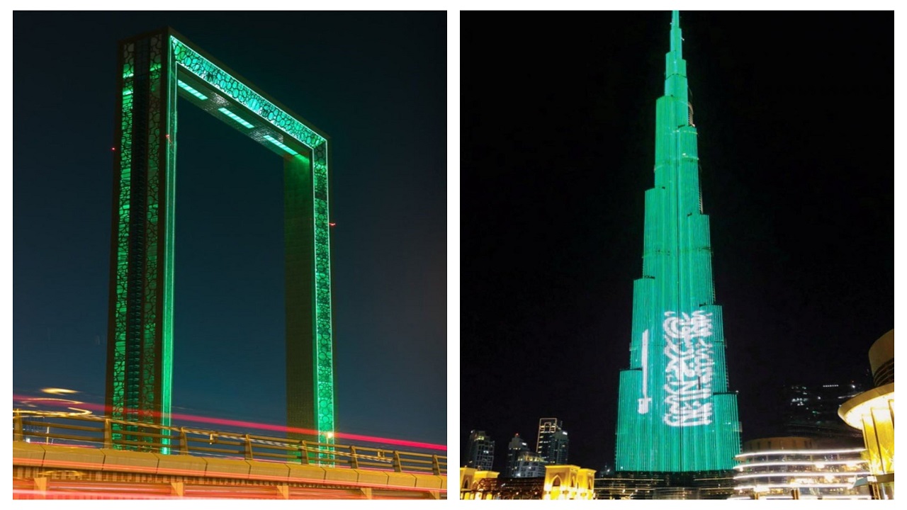 أشهر معالم دبي تتزين بالأخضر في اليوم الوطني الـ 90 للمملكة