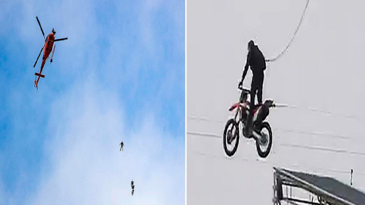 بالفيديو .. &#8220;توم كروز &#8221; يطير في الهواء على ارتفاع هائل بدراجته النارية