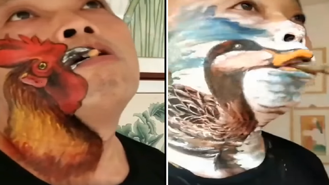 بالفيديو.. مدرس يرسم مجموعة من الحيوانات وهي تأكل على وجهه