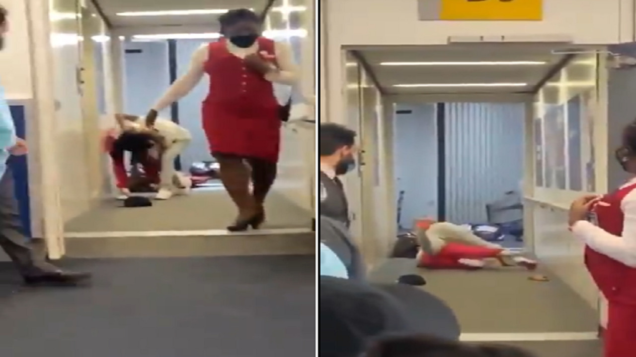 بالفيديو .. مشاجرة نسائية عنيفة بين فتاتين يعطل رحلة طيران