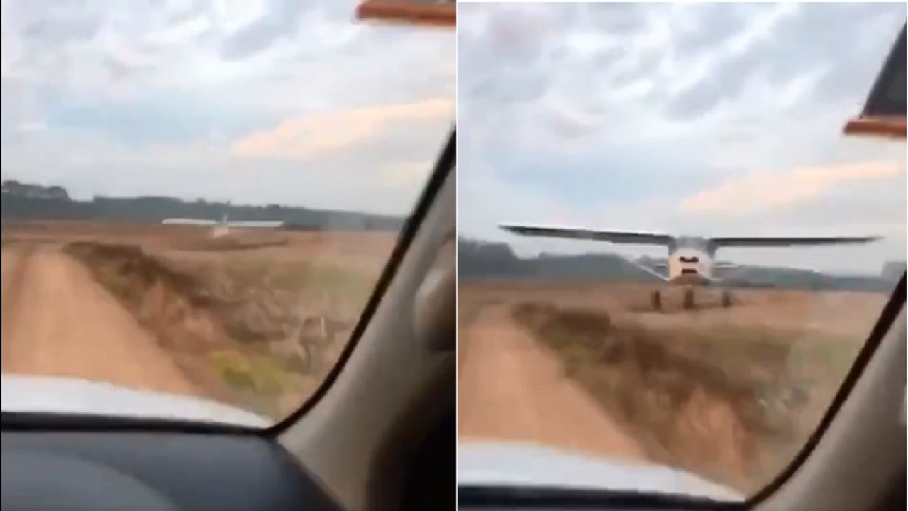 بالفيديو.. طائرة كادت تصطدم بسيارة في منطقة زراعية