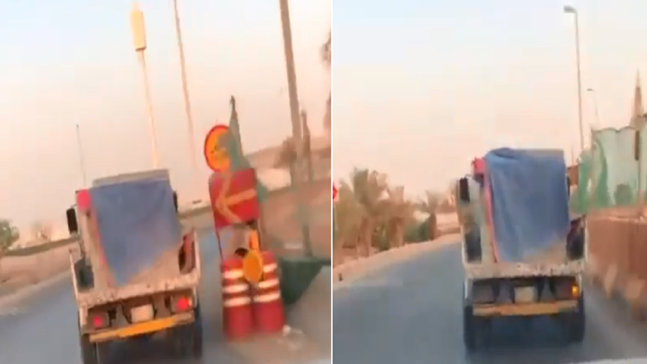 بالفيديو.. مشهد صادم لشاحنة محملة بالحجارة تسير على طريق الثمامة