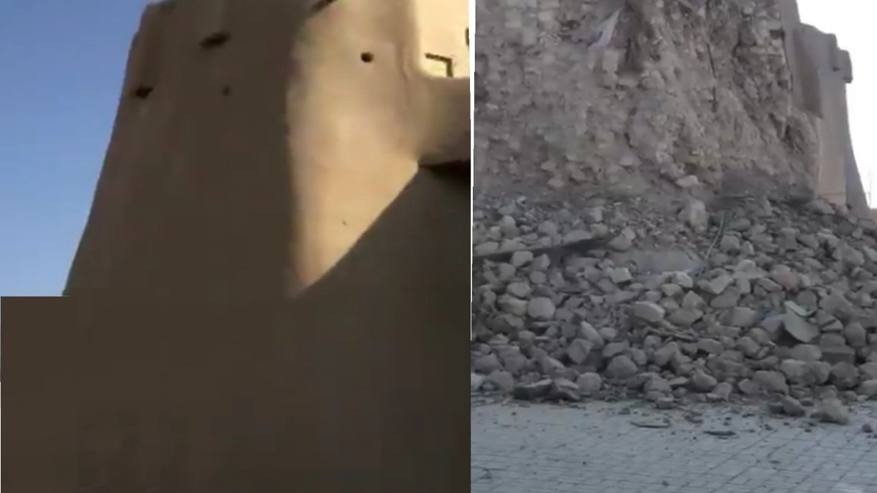 بالفيديو.. انهيار جزء من سور قصر صاهود الأثري بالأحساء