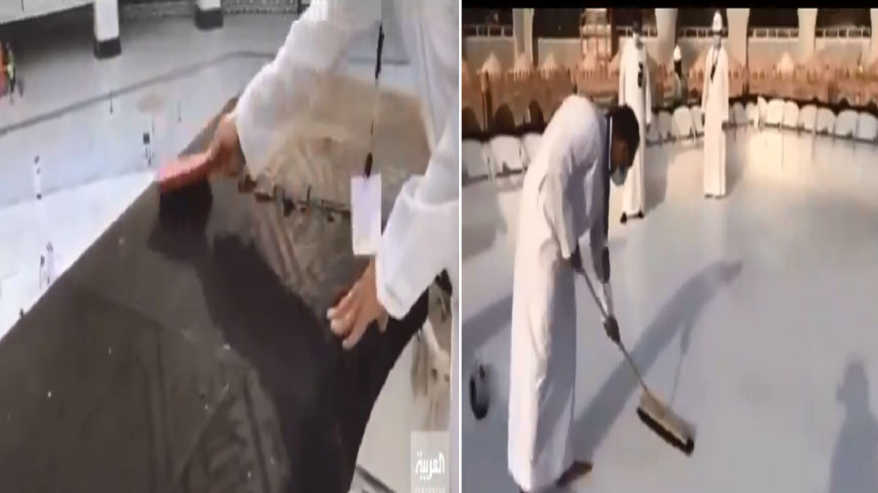 بالفيديو.. جهود العاملين بالمسجد الحرام لتنظيف سقف الكعبة المشرفة
