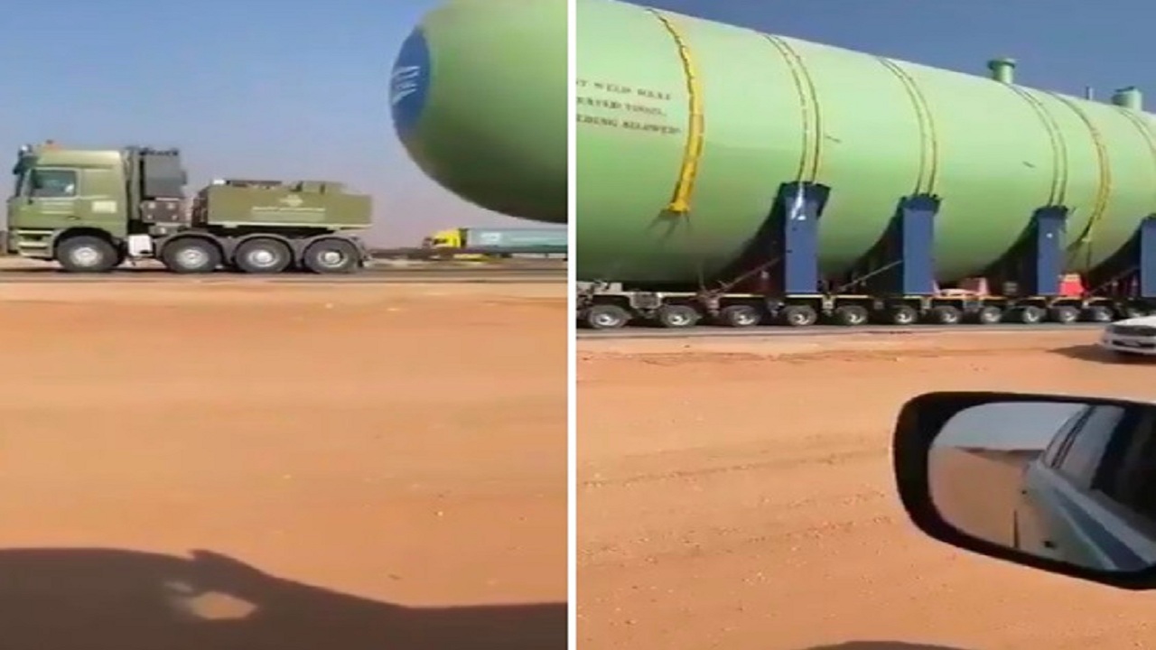 شاهد .. شاحنة تحمل خزان فولاذي ضخم لنقل الغاز المسال في المملكة
