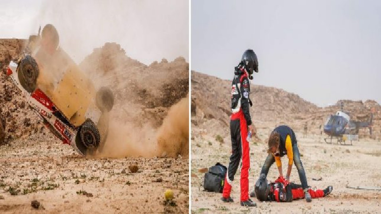 شاهد.. متسابق في رالي داكار يتعرض لإصابة خطيرة بعد انقلاب مروع لمركبته