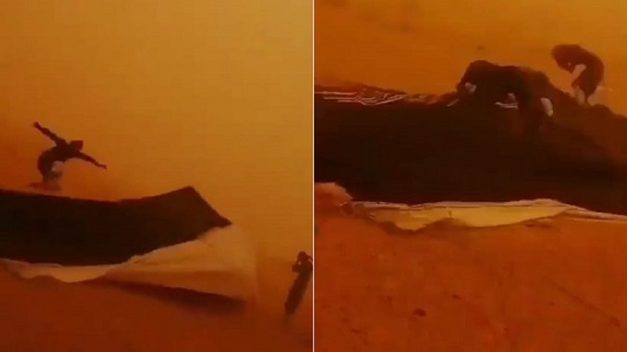 بالفيديو.. ثلاثة شباب يصارعون العاصفة الترابية في طبرجل