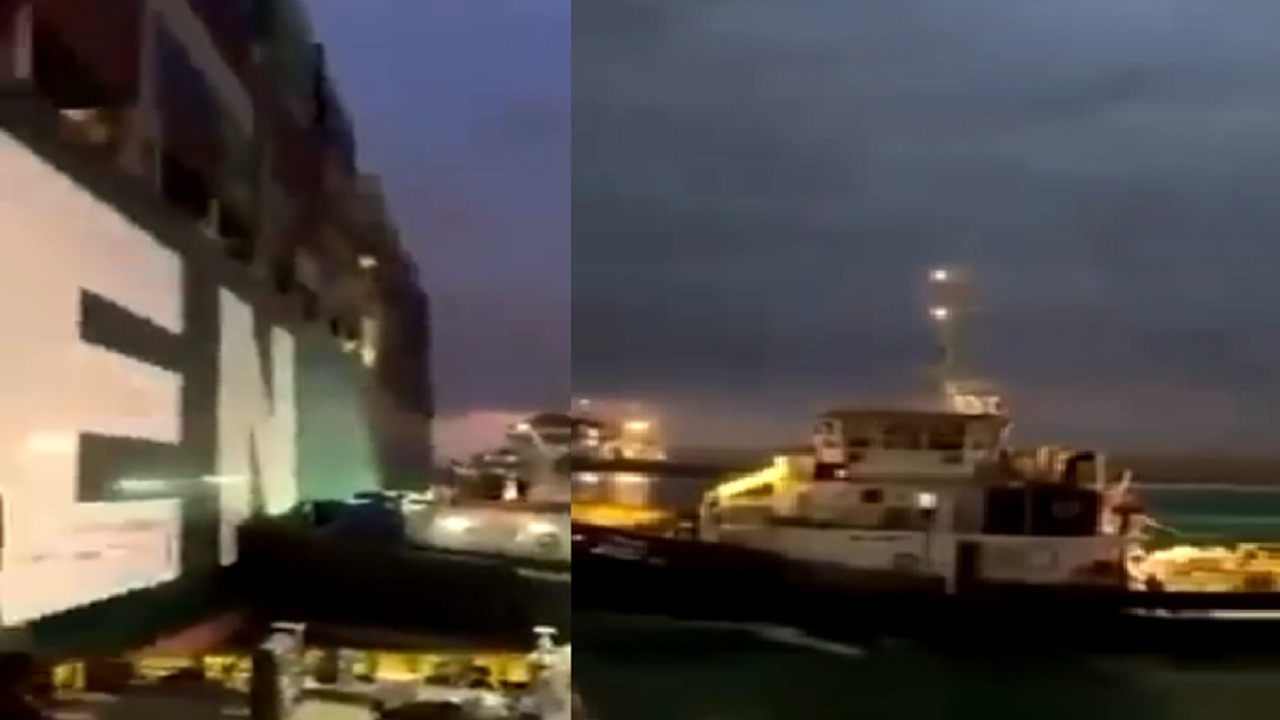 بالفيديو..جانب من محاولة تعويم السفينة الجانحة في قناة السويس
