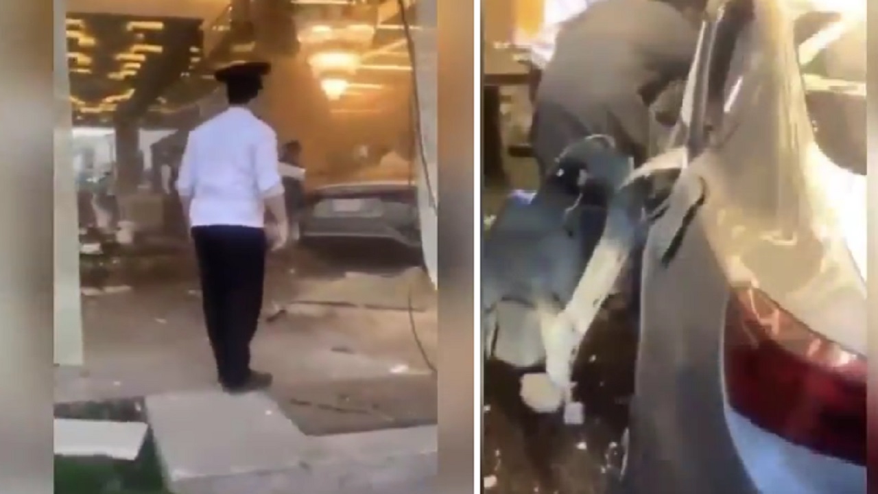 بالفيديو .. شاب يقتحم فندق بسيارته في خميس مشيط