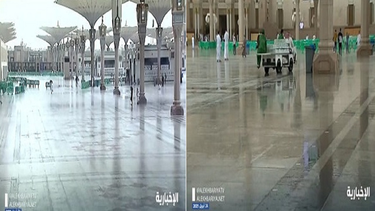 بالفيديو.. أمطار غزيرة على المسجد النبوي اليوم