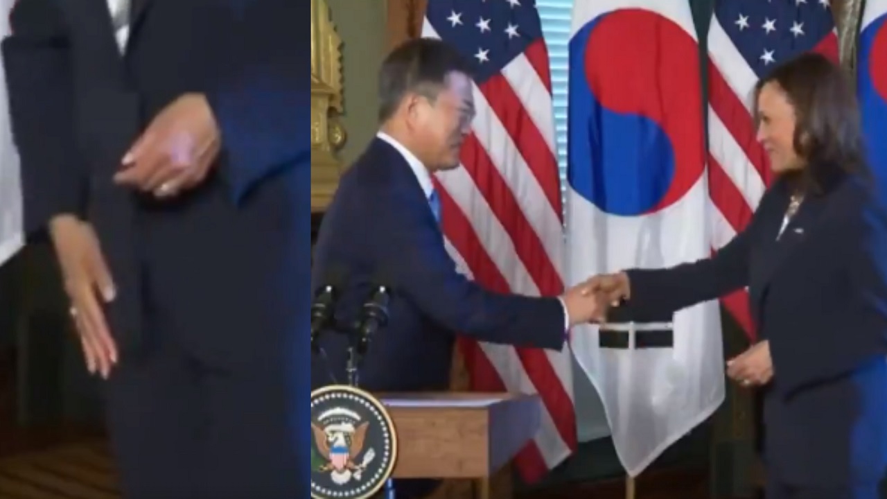 شاهد.. نائبة بايدن تثير الجدل بمسح يدها بعد مصافحة رئيس كوريا الجنوبية