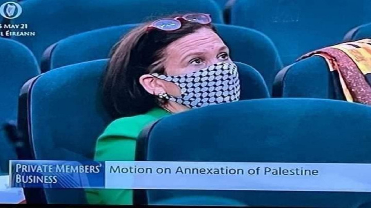 صور..نواب إيرلنديون بكمامات على شكل الكوفية الفلسطيني يطالبون بطرد السفير الإسرائيلي