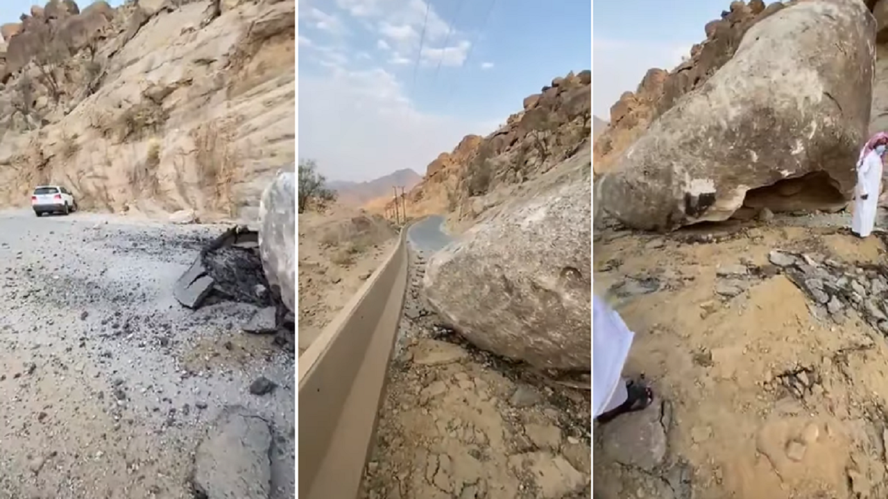 بالفيديو.. إغلاق طريق بالمخواة إثر سقوط صخرة ضخمة