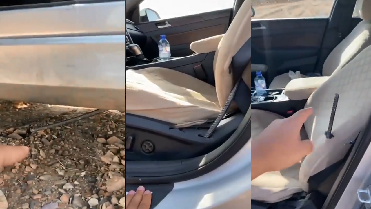 بالفيديو.. سيخ حديد يخترق سيارة مواطن أثناء سيره في طريق حائل &#8211; القصيم