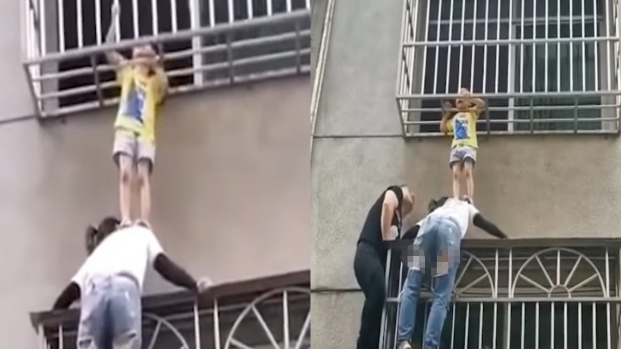 بالفيديو.. امرأة تتعلق بنافذة وتنقذ طفلة من السقوط بشكل بطولي