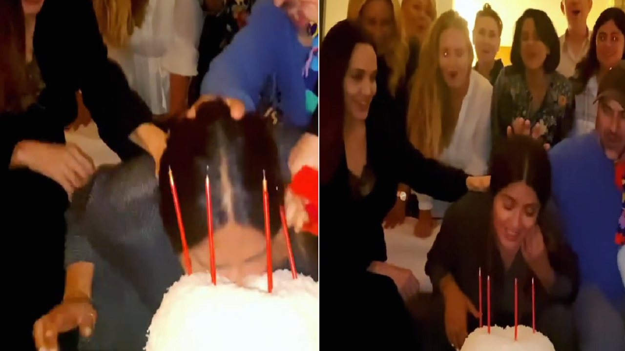 بالفيديو.. أنجلينا جولي تضع وجه سلمى حايك في كعكة عيد ميلادها
