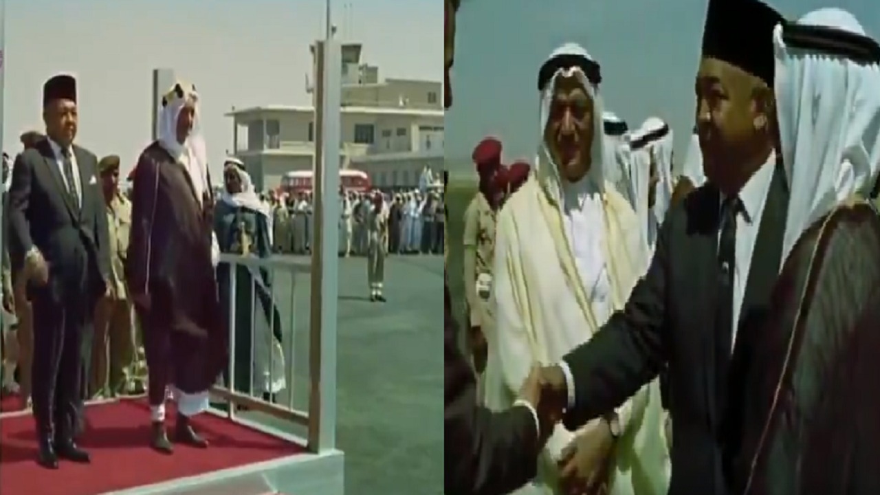 فيديو نادر للملك فيصل أثناء استقباله ملك ماليزيا في مطار جدة