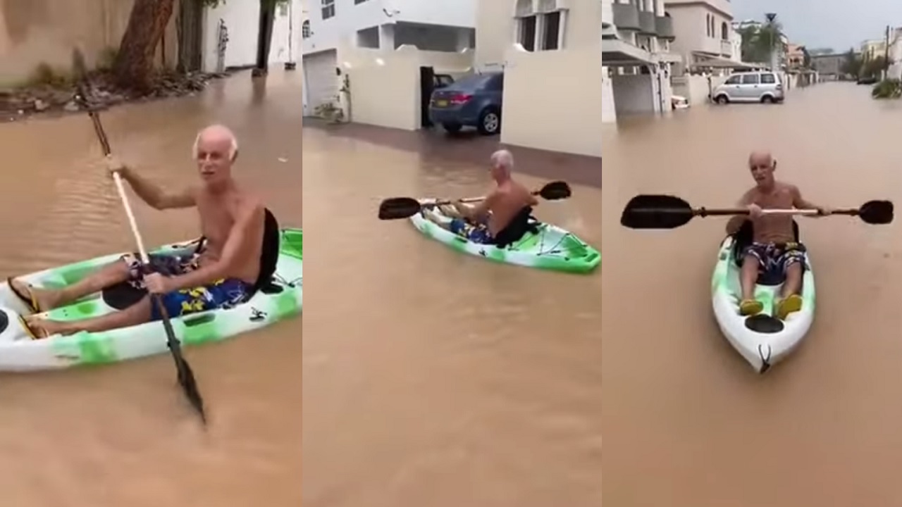 بالفيديو.. عماني يستقل قارباً ويبحر بيه بعد غرق الشوارع بسبب إعصار شاهين
