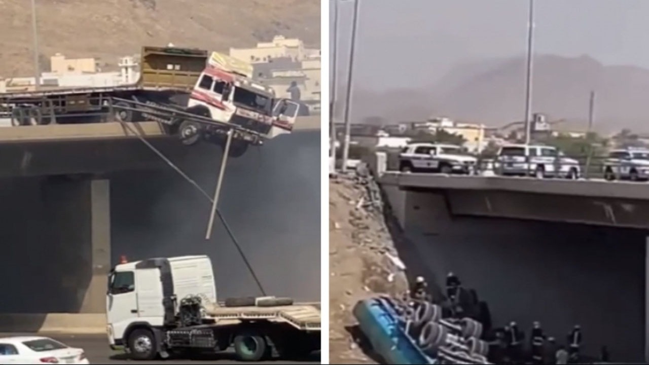 بالفيديو.. حادث يتسبب في سقوط شاحنة وتدلي آخرى من أعلى جسر بجدة