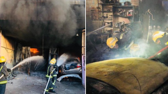 بالصور.. إندلاع حريق في مركز لصيانة السيارات بالمدينة المنورة