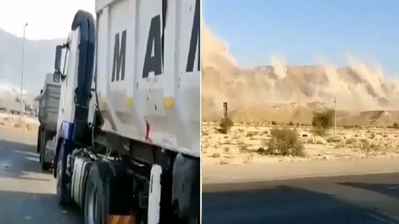 بالفيديو.. انهيارات جبلية وشاحنات عملاقة تهتز جراء الزلزال في إيران