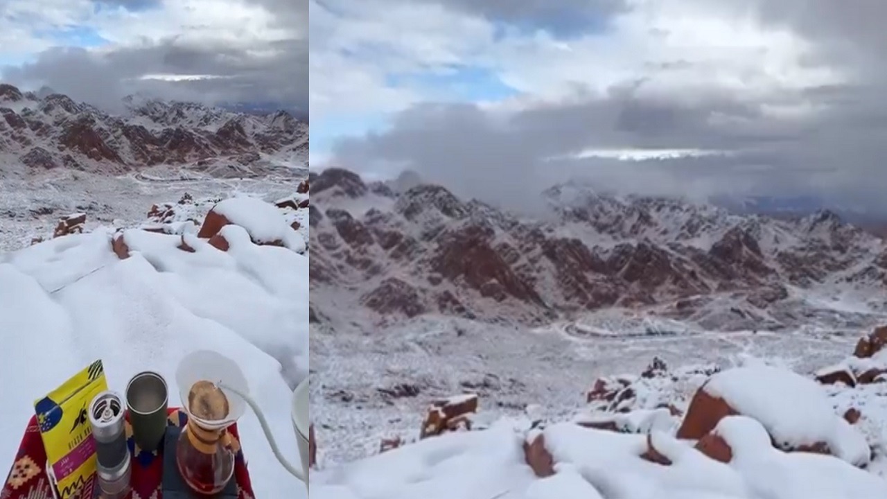 فيديو.. مشهد مذهل لتساقط الثلوج على جبال اللوز في تبوك