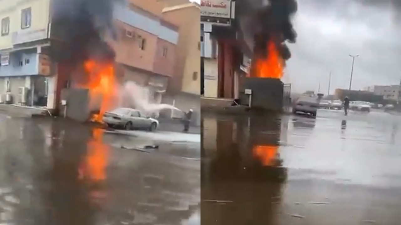 بالفيديو.. حريق في محول كهرباء بسبب الأمطار في جازان