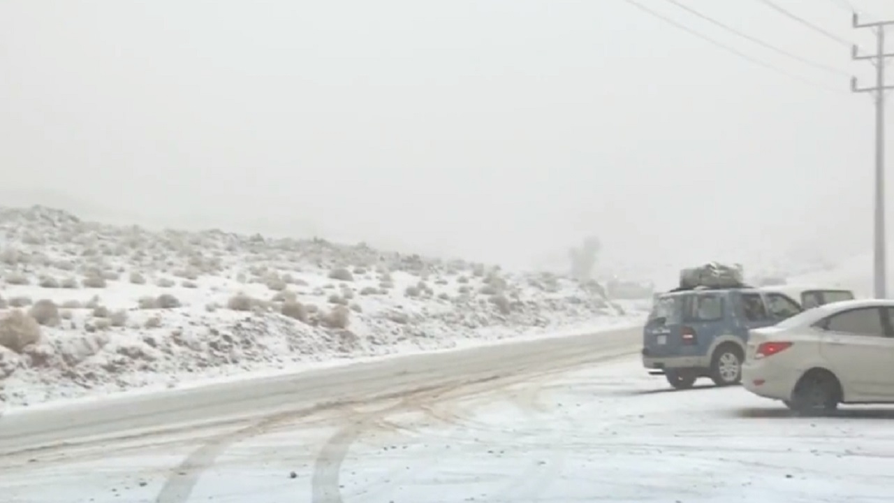 بالفيديو.. لحظة تساقط الثلوج على جبل اللوز في تبوك