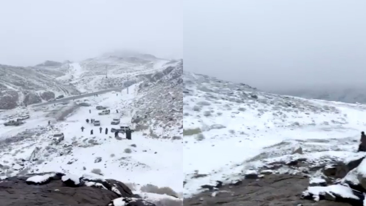 بالفيديو.. الثلوج تغطي مرتفعات جبل اللوز