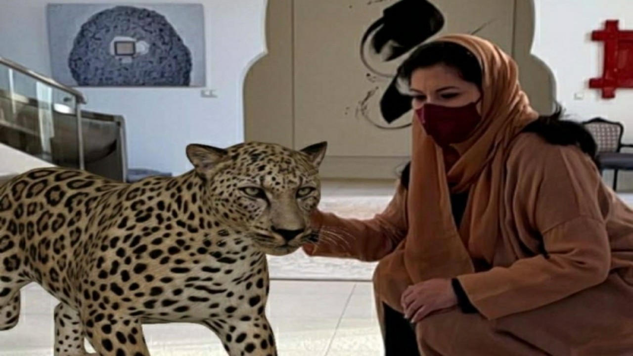 بالصور.. الأميرة ريما بنت بندر مع نمر عربي داخل منزلها