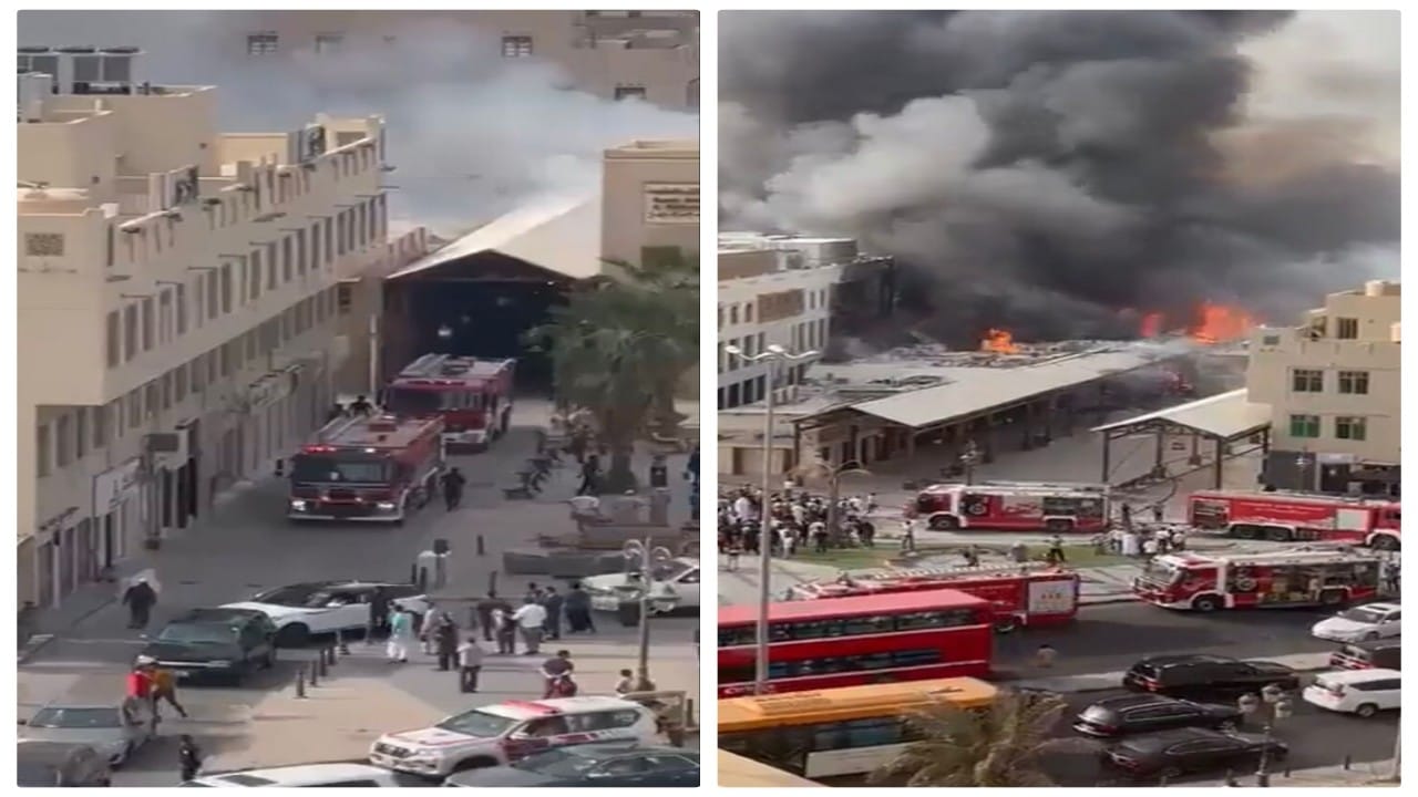 شاهد.. اندلاع حريق هائل في سوق المباركية 