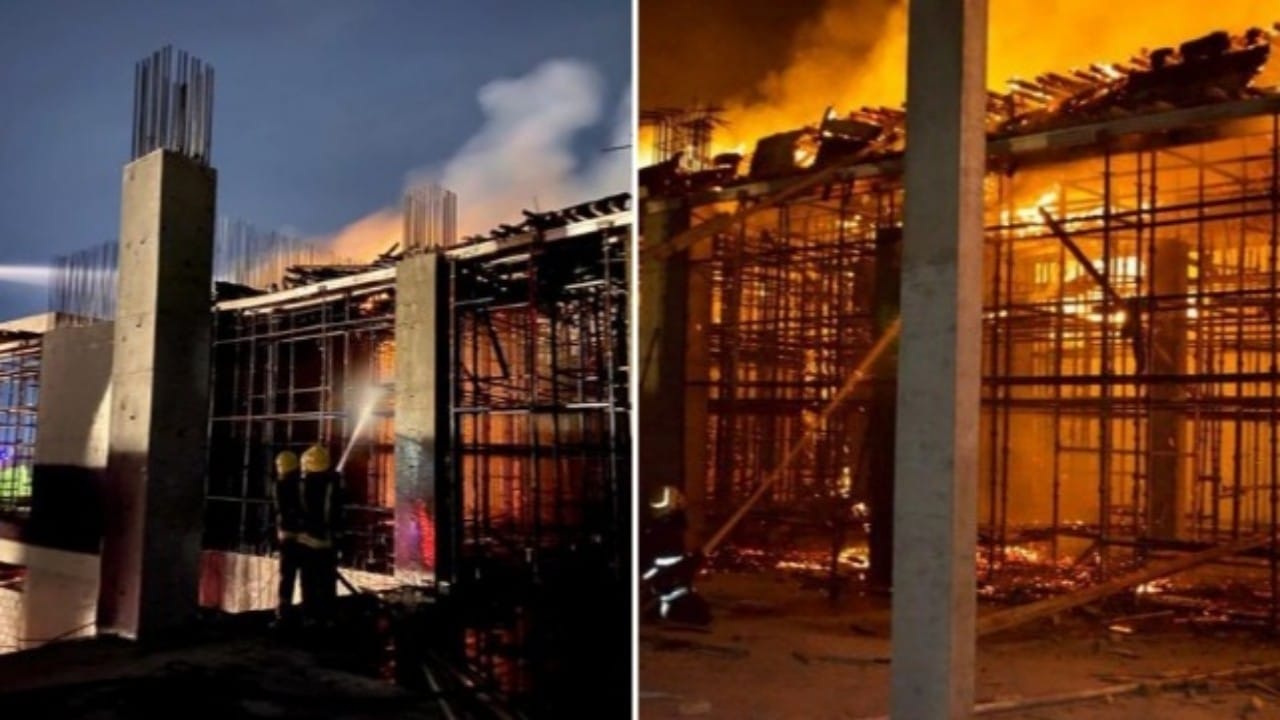 بالصور.. مدني تبوك يخمد حريقًا في مبنى تحت الإنشاء بحي المروج