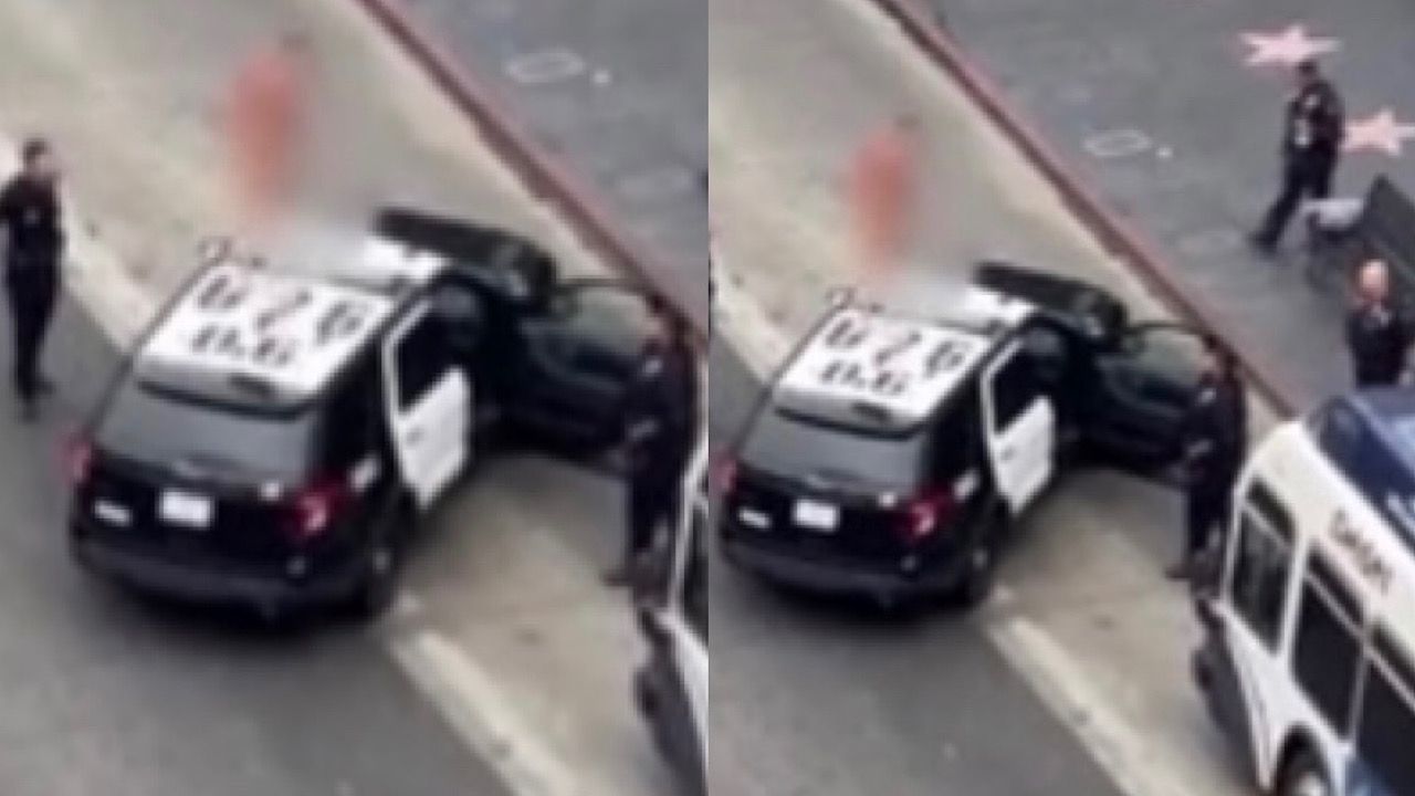 شاهد.. رجل يرقص عاريًا فوق سيارة شرطة