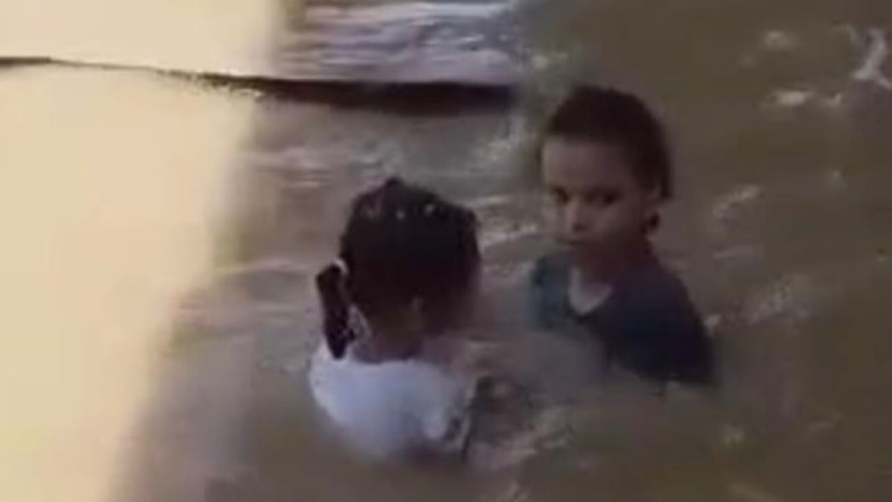 شاهد.. ثعبان ضخم يتجول بالقرب من طفلتين تلعبان بمياه السيول