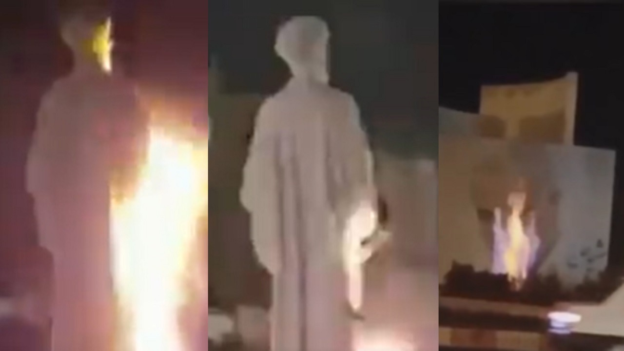 فيديو..إيرانيون يضرمون النيران في تمثال خامنئي وصورة سليماني