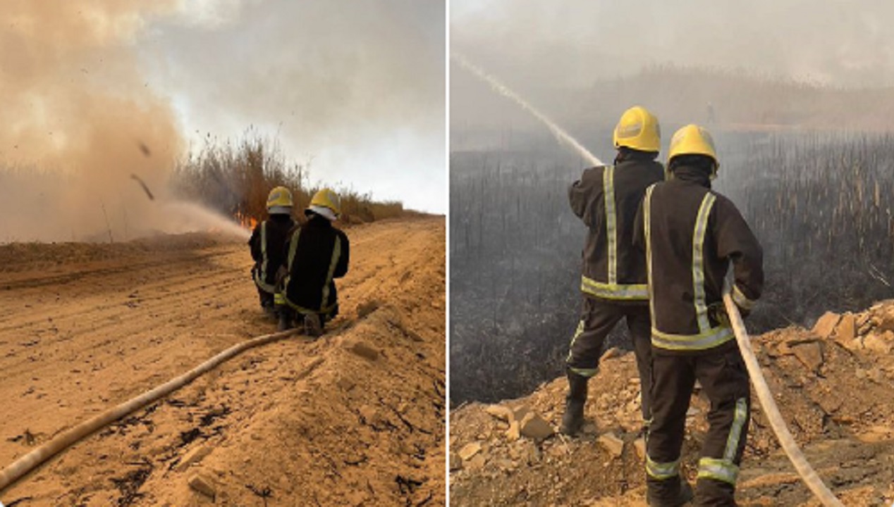 بالصور .. الدفاع المدني يعلن نجاح قواته في إخماد الحريق بمجرى المياه بتبوك