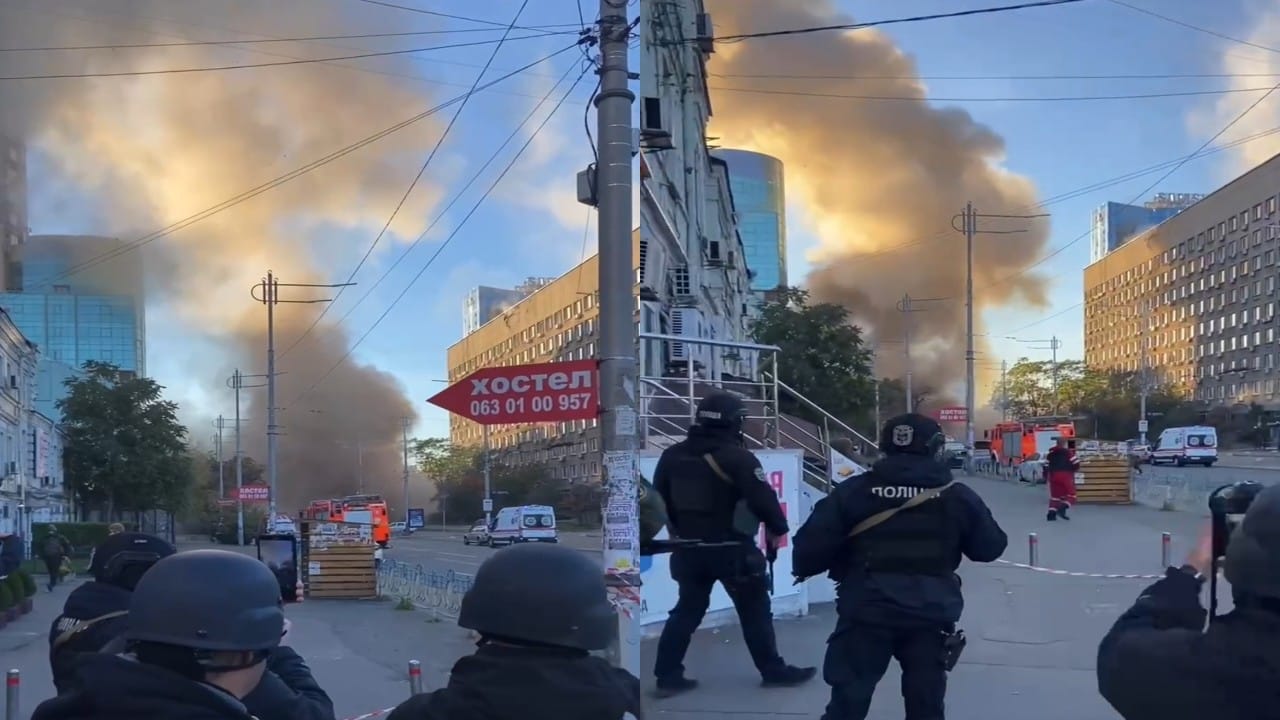 بالفيديو والصور.. طائرات مسيرة روسية تضرب مبنى هام في كييف