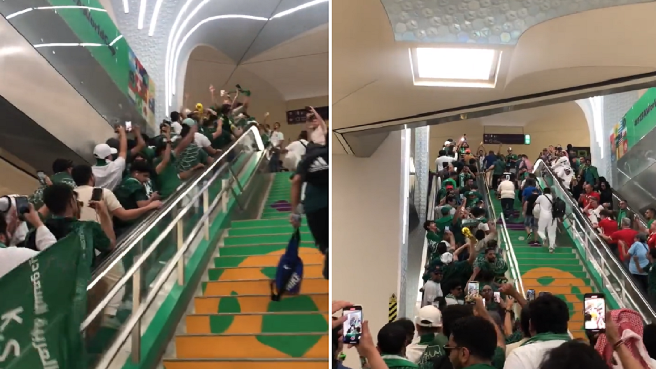 شاهد.. جمهور الأخضر يتغنى في محطة مترو قبل المباراة