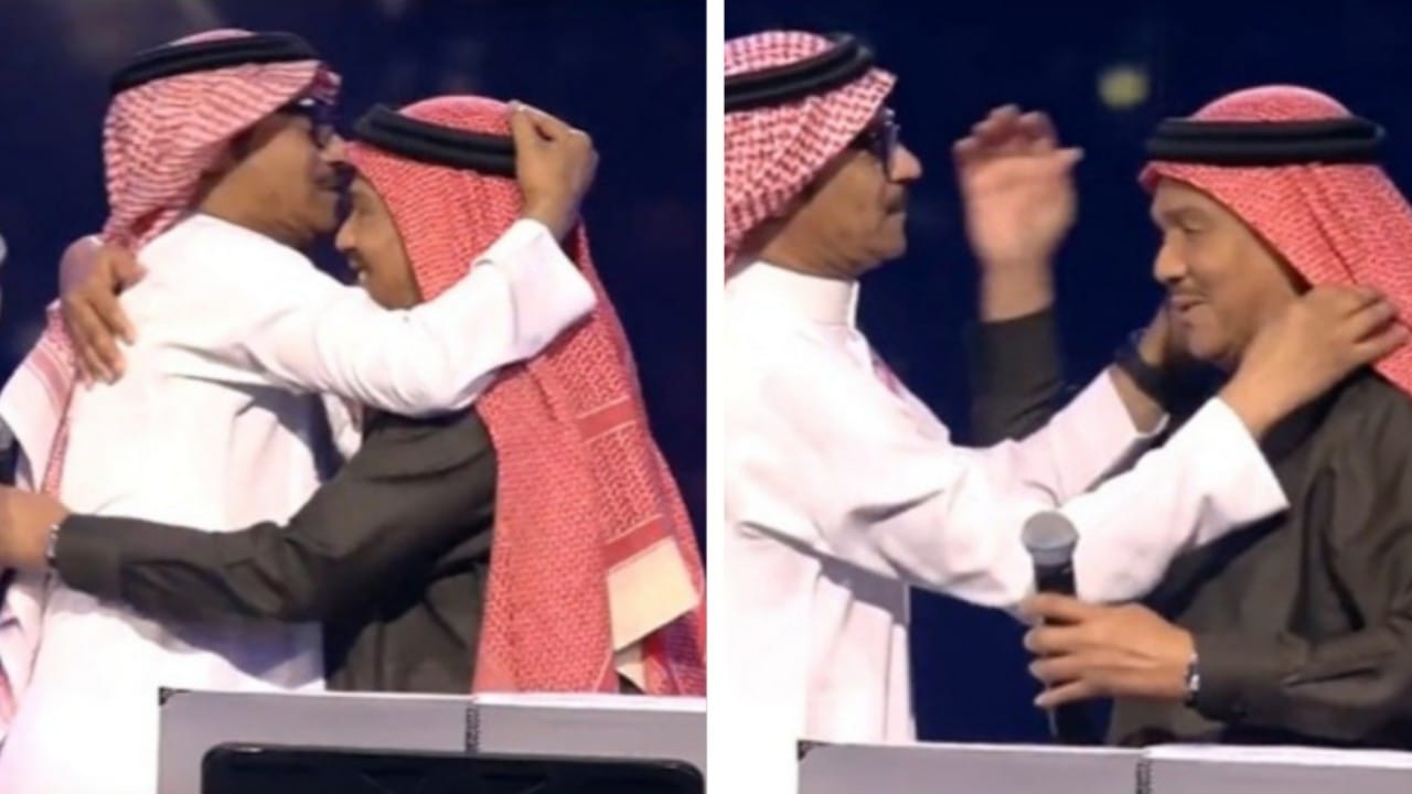 شاهد.. رابح صقر يحتضن ويقبل رأس محمد عبده وسط تفاعل الجمهور