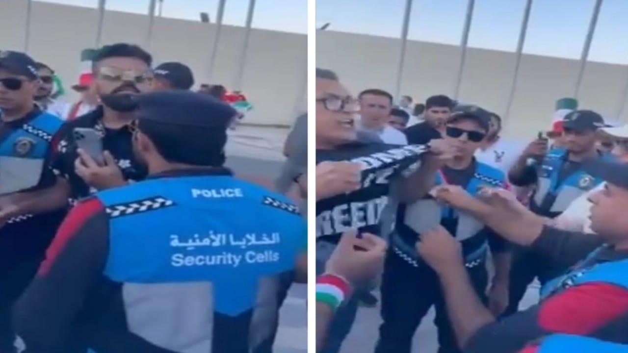 شاهد.. الشرطة القطرية تمنع إيرانيين من دخول المدرجات بسبب صور الاحتجاجات الإيرانية 