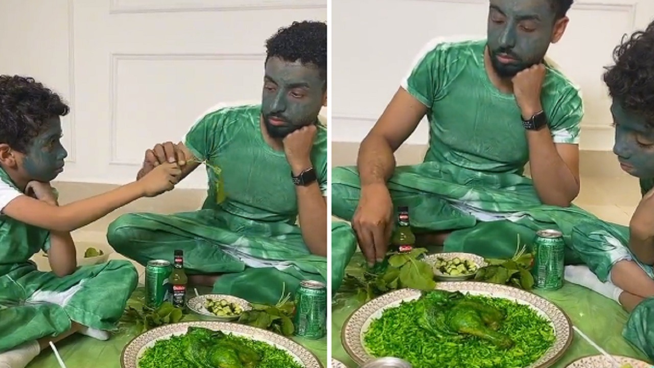 بالفيديو .. عائلة تدعم منتخبنا الوطني ضد المكسيك بتناول غذاء باللون الأخضر فقط