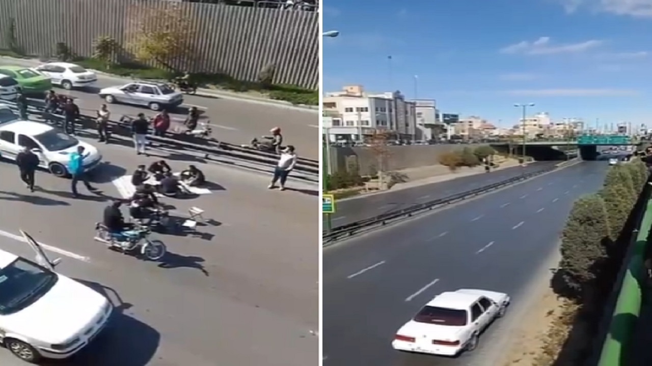 شاهد .. متظاهرون إيرانيون يغلقون الطريق ويدخنون الشيشة ويلعبون البلوت