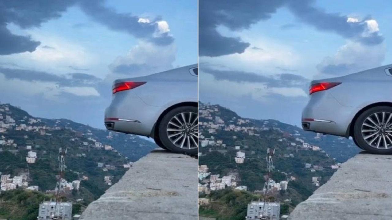 فيديو..شخص يغامر بركن سيارته على حافة جبل شاهق بفيفاء