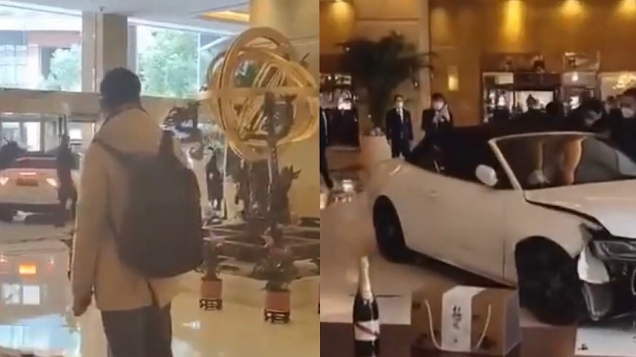 بالفيديو.. زبون غاضب يقتحم فندق بسيارته بعد مشادة كلامية بين الموظفين