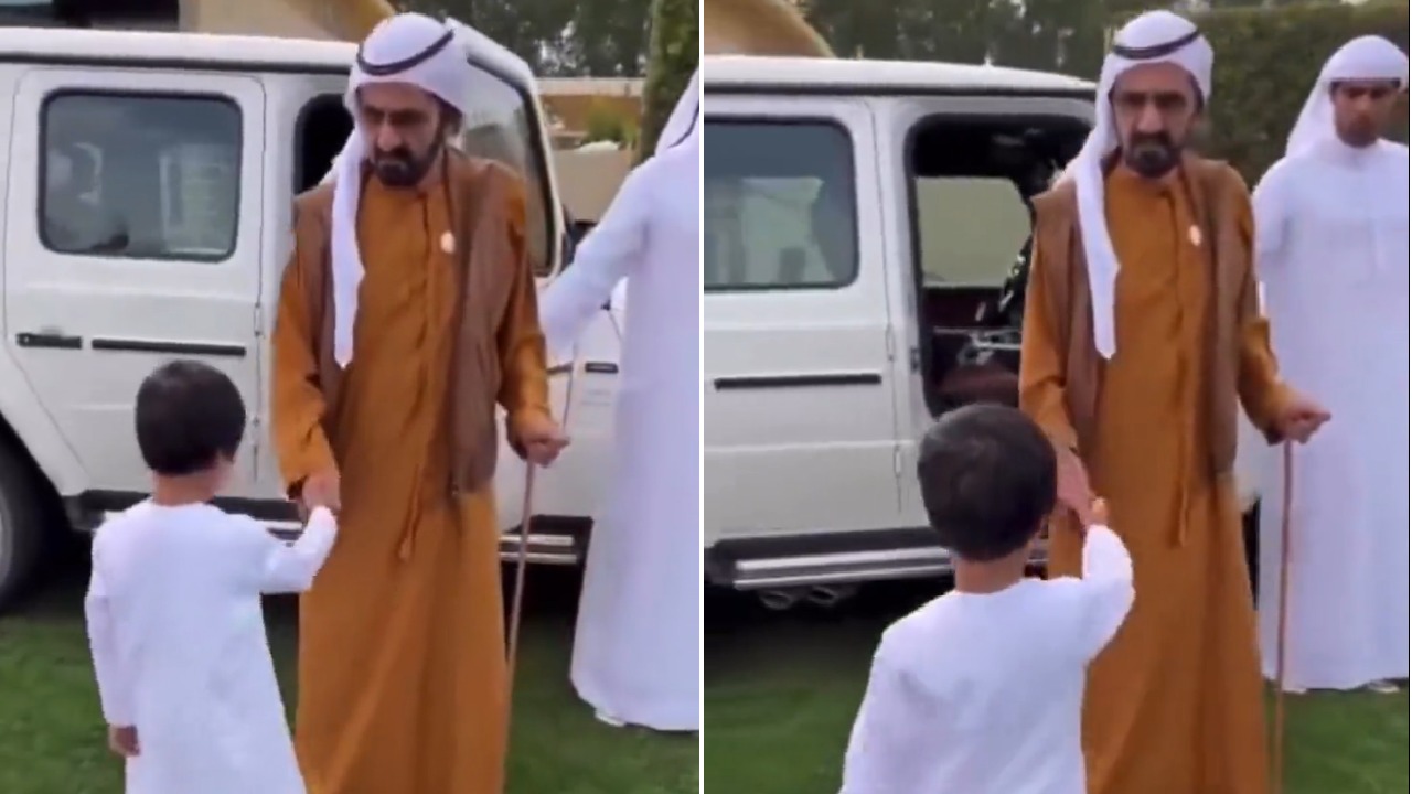فيديو .. ردة فعل حاكم دبي نحو طفل نادى عليه في الصحراء