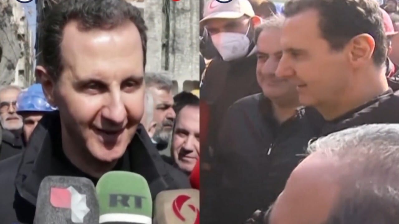 بالفيديو.. بشار الأسد يثير الغضب بظهوره مبتسمًا وسط جثامين الضحايا تحت الأنقاض