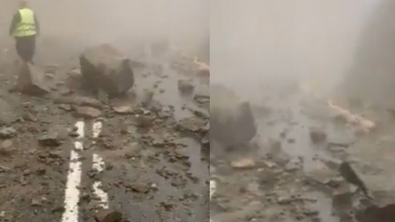 بالفيديو.. انهيار صخور ضخمة في “عقبة حزنة” بالباحة بسبب الأمطار الغزيرة