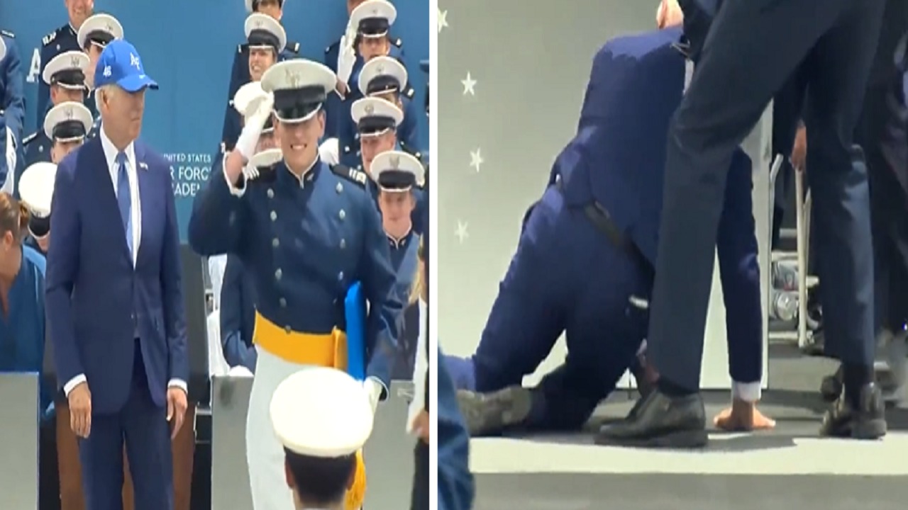 بايدن يسقط على الأرض أمام طلاب من القوات الجوية.. فيديو