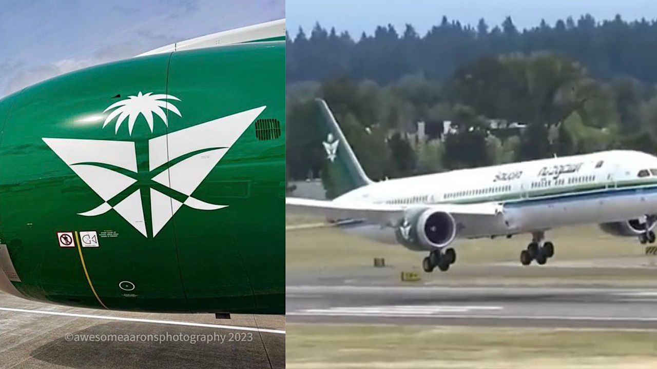 لحظة هبوط طائرة الخطوط السعودية بثوبها الثمانيني استعدادًا لتسليمها .. فيديو