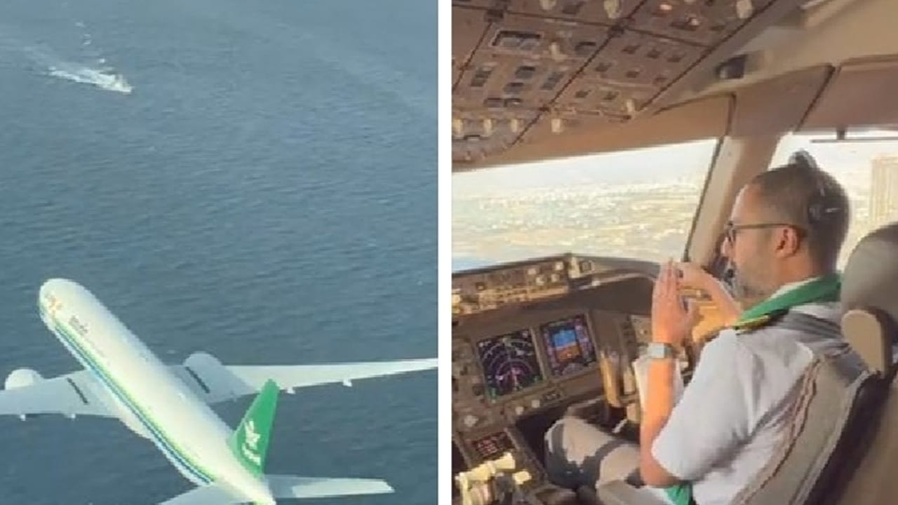 طائرة الخطوط السعودية تلتقط مشهد نادر من داخل قمرة القيادة .. فيديو
